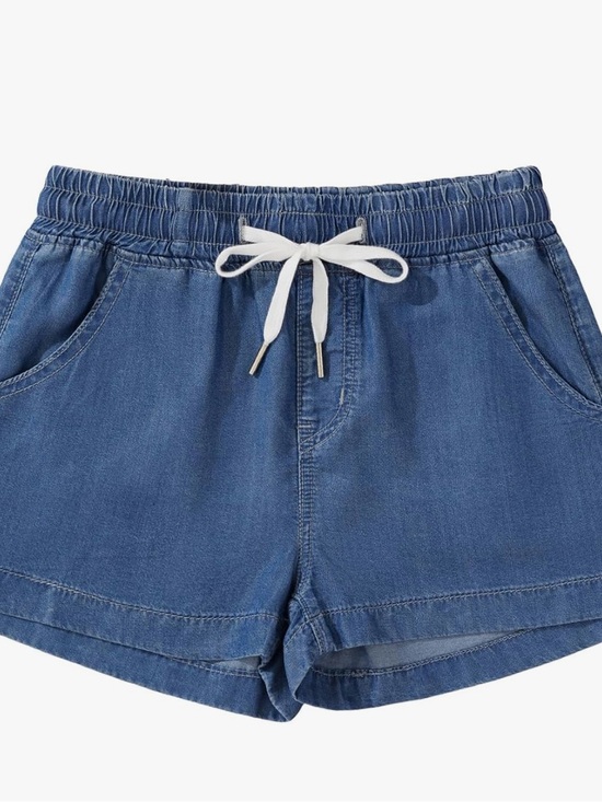 Pants - Women's Elastic Waist Denim Shorts with Drawstring - Blue